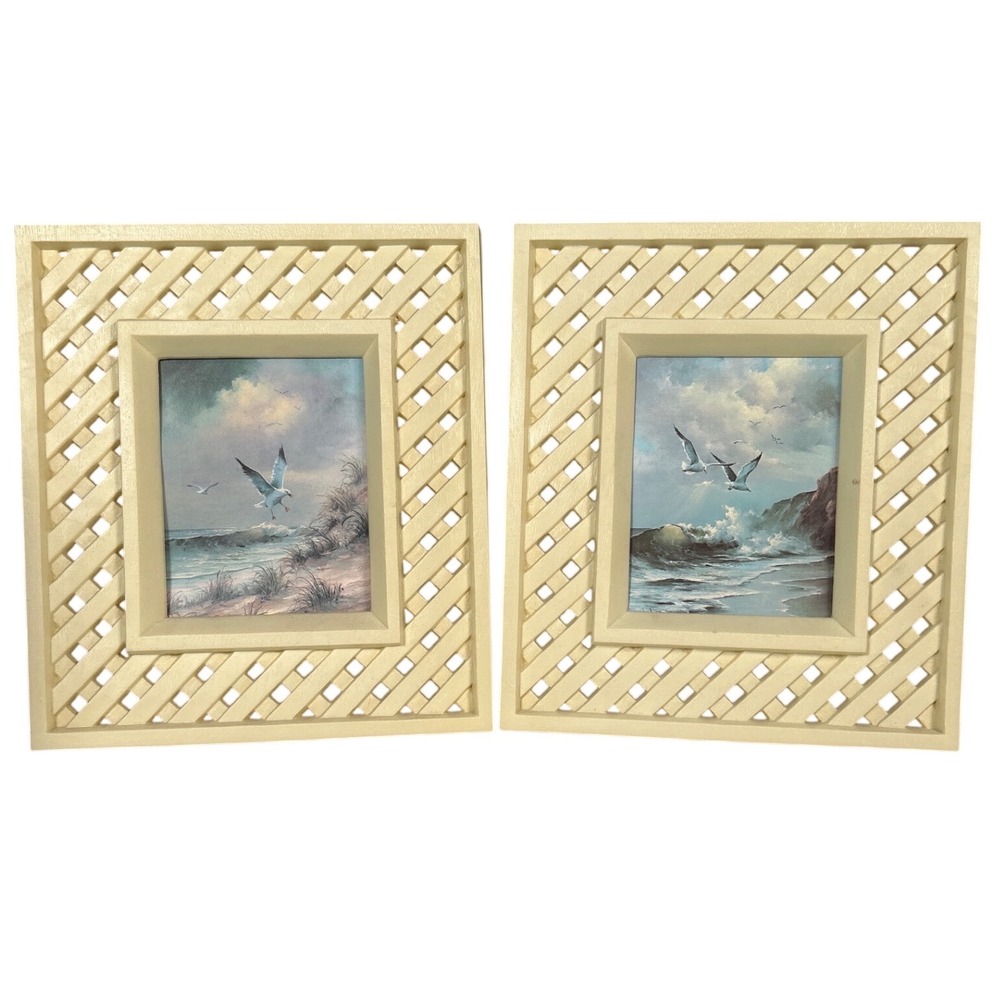 Vintage Homco Coastal Seagull Pictures Cream Lattice Faux Wicker Frames Set of 2